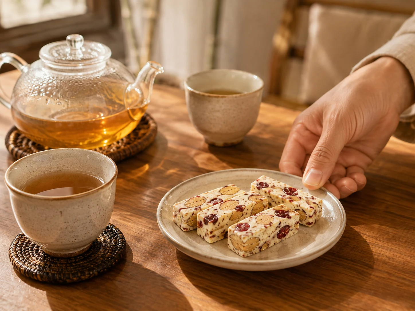 首頁 7 兩杯茶旁端上蔓越莓杏仁牛軋糖的作客情境