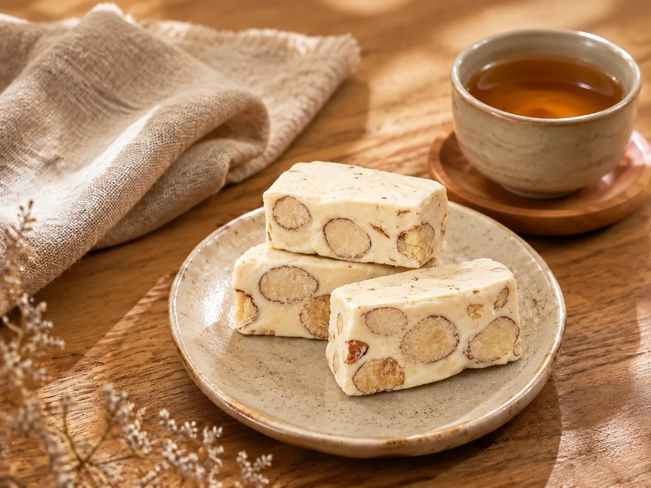 首頁 1 杏仁牛軋糖放在陶盤上,旁邊是一杯熱茶與暖光木桌