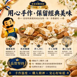 法式原味牛軋糖手作流程，嚴選原料、熬煮糖體、拌入杏仁、手工切製與獨立包裝