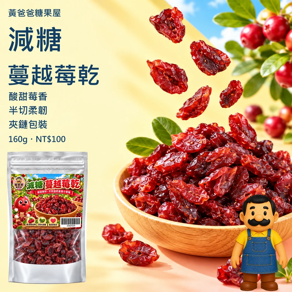 減糖蔓越莓乾新版商品圖 cover 黃爸爸減糖蔓越莓乾160±5公克新版夾鏈包裝、酸甜莓香與柔韌果肉