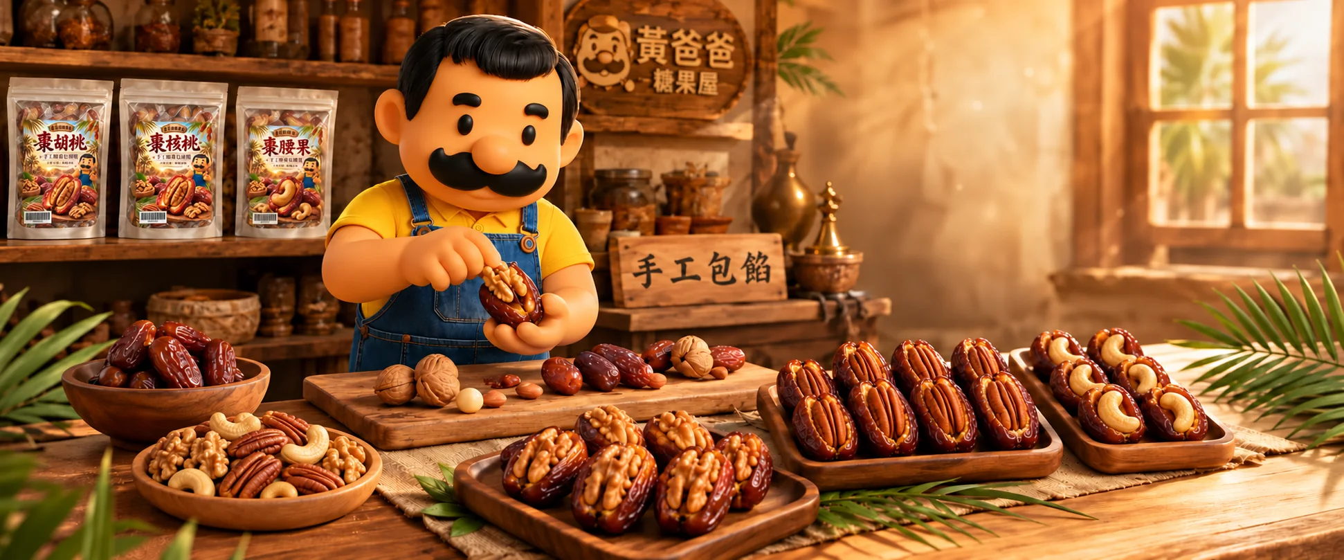 黃爸爸椰棗堅果系列：棗胡桃、棗核桃、棗腰果新版包裝與暖光場景