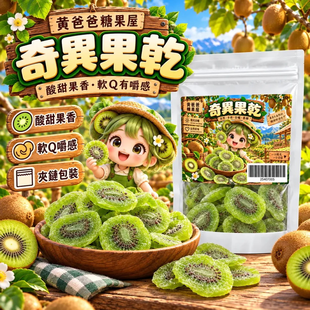 黃爸爸奇異果乾新版透明夾鏈包裝與果園風格商品介紹 1