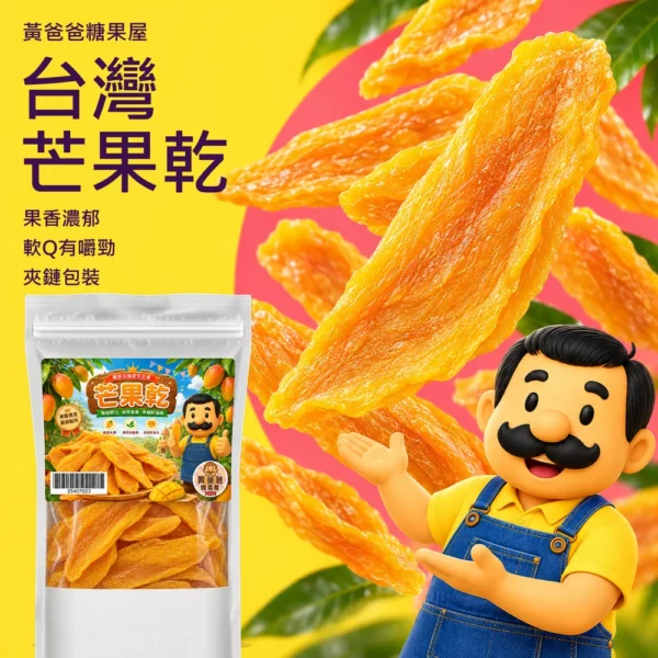 台灣芒果乾品牌黃梅紫果乾版型 cover 黃爸爸台灣芒果乾,果香濃郁、軟Q有嚼勁、夾鏈包裝