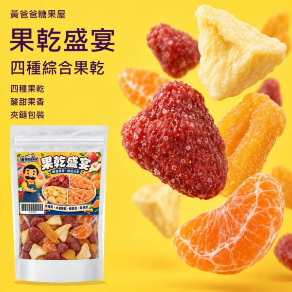 黃爸爸果乾盛宴新版商品首圖 黃爸爸果乾盛宴,四種果乾、酸甜果香、夾鏈包裝