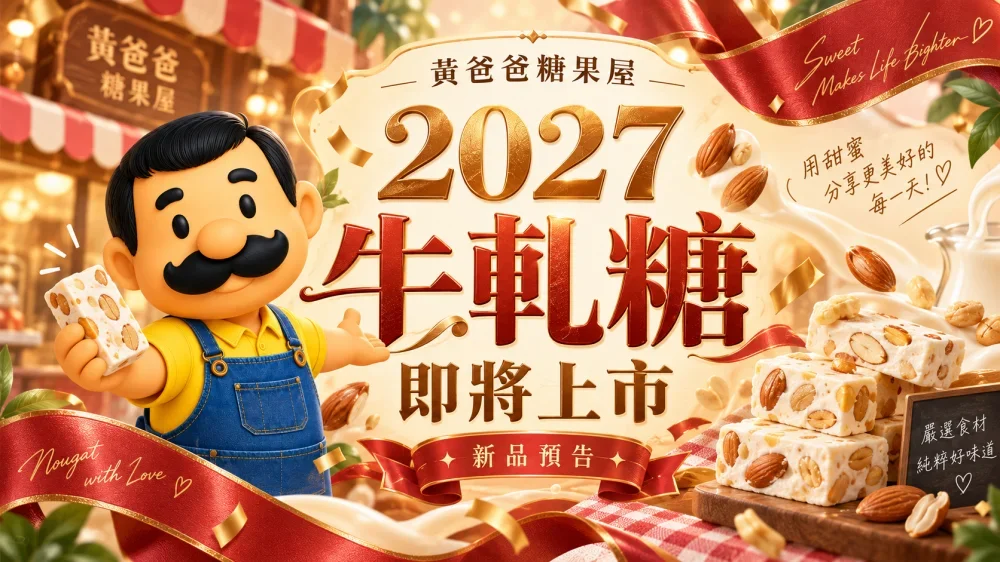 2027 牛軋糖新品預告|黃爸爸糖果屋 1 黃爸爸糖果屋 2027 牛軋糖新品即將上市主視覺