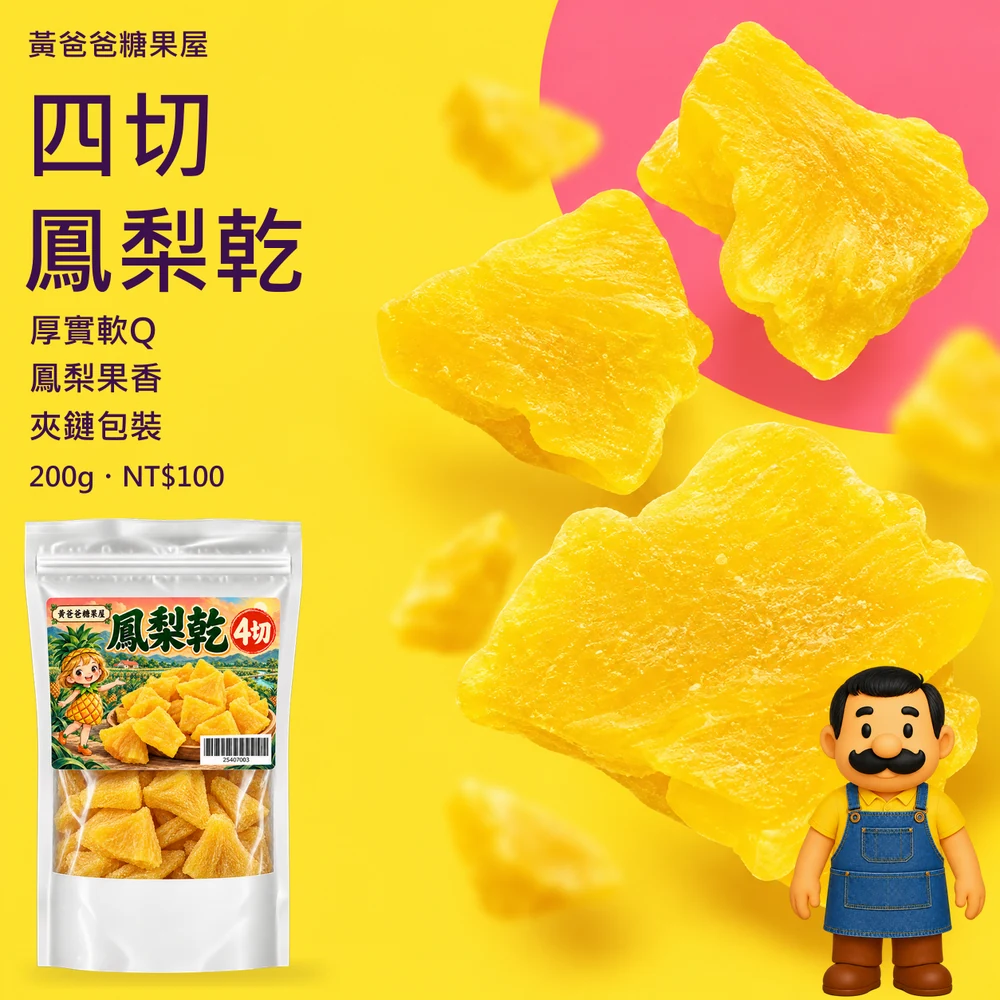四切鳳梨乾新版商品圖 cover 黃爸爸四切鳳梨乾200公克新版夾鏈包裝、厚實軟Q與鳳梨果香