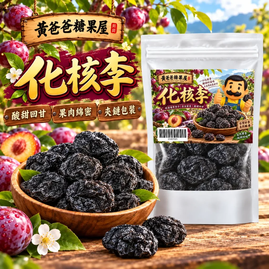 黃爸爸糖果屋化核李新版白色夾鏈袋與扁圓不規則深黑色皺褶果肉 1