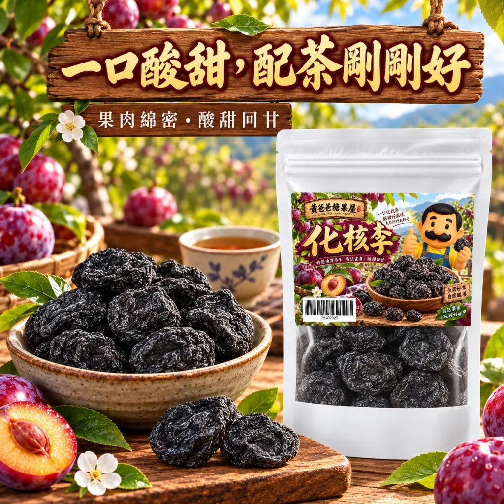 黃爸爸糖果屋化核李新版白色夾鏈袋與扁圓不規則深黑色皺褶果肉 2