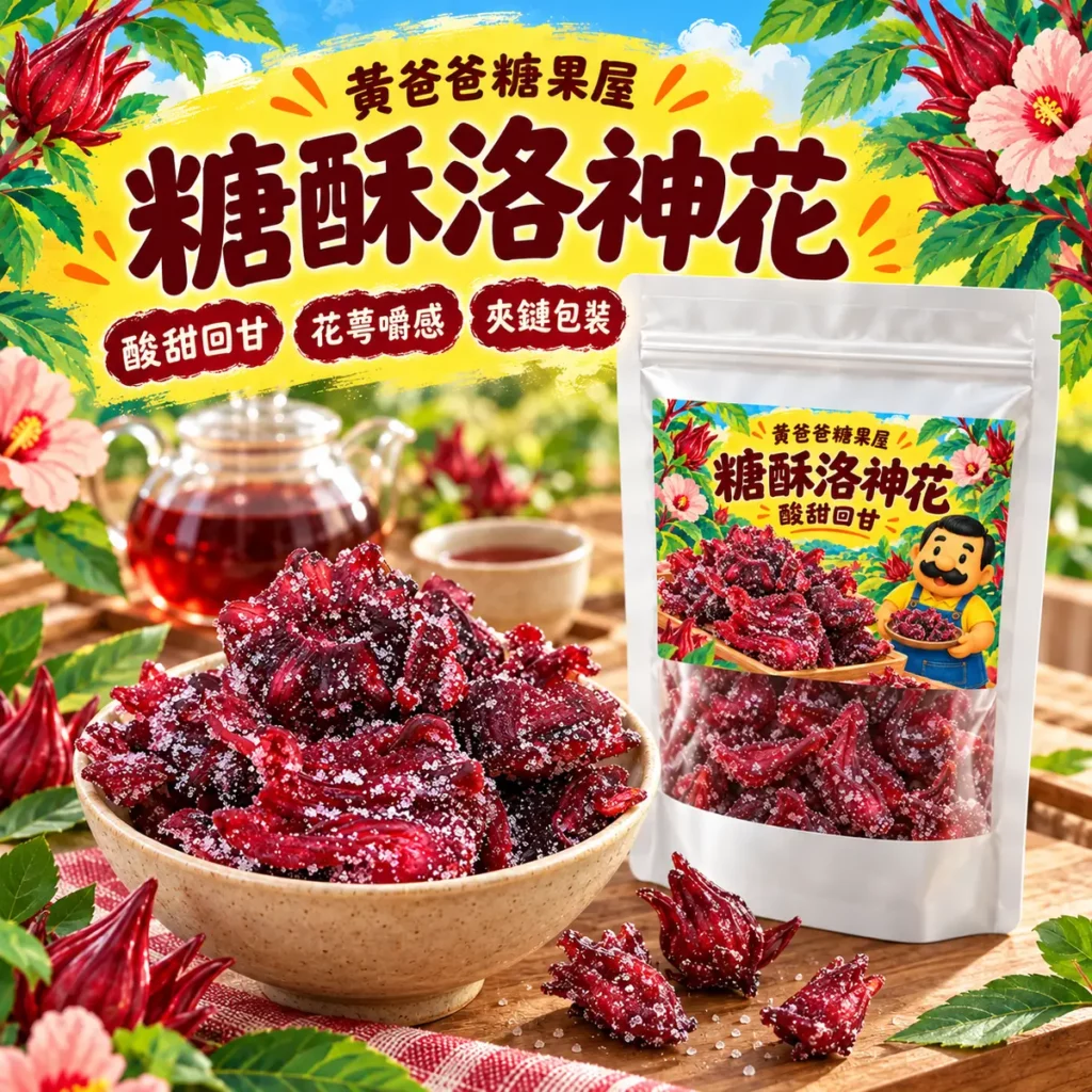黃爸爸糖酥洛神花新版透明夾鏈包裝與花葉風格商品介紹 1