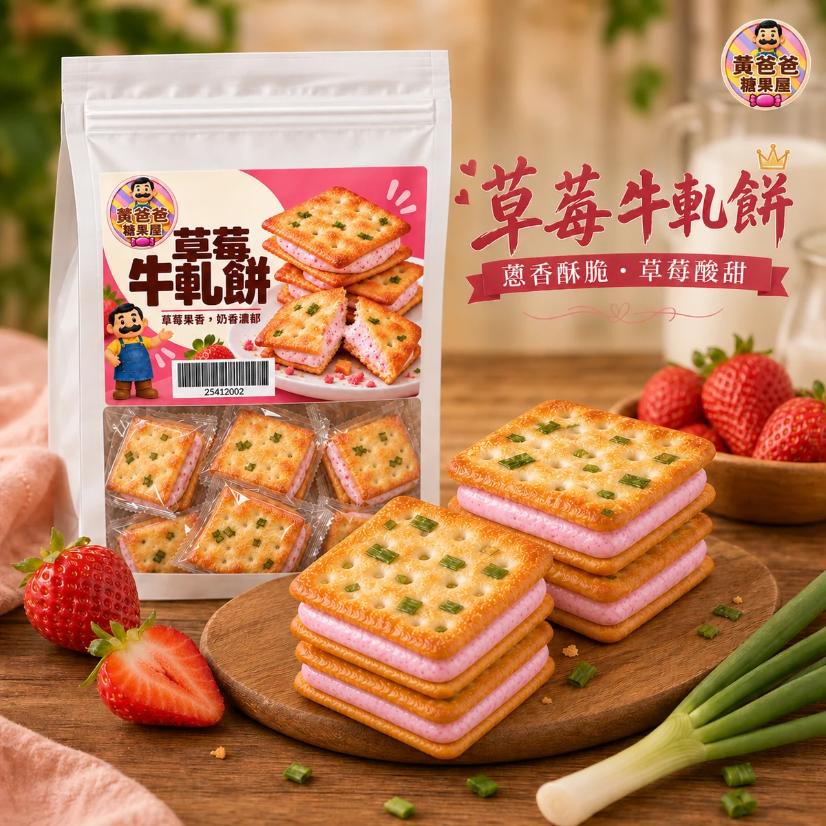 草莓牛軋餅場景融合商品圖 1 黃爸爸草莓牛軋餅(蔥香)八邊封袋與手工牛軋餅 1